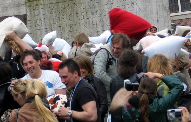 Pillow fight in Amsterdam's Dam Square