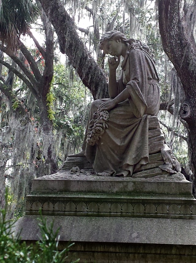 Mourning angels, Confederate soldiers' memorials, and memorials to loved ones across the years lie under the live oaks draped with Spanish moss on the bank of the river.